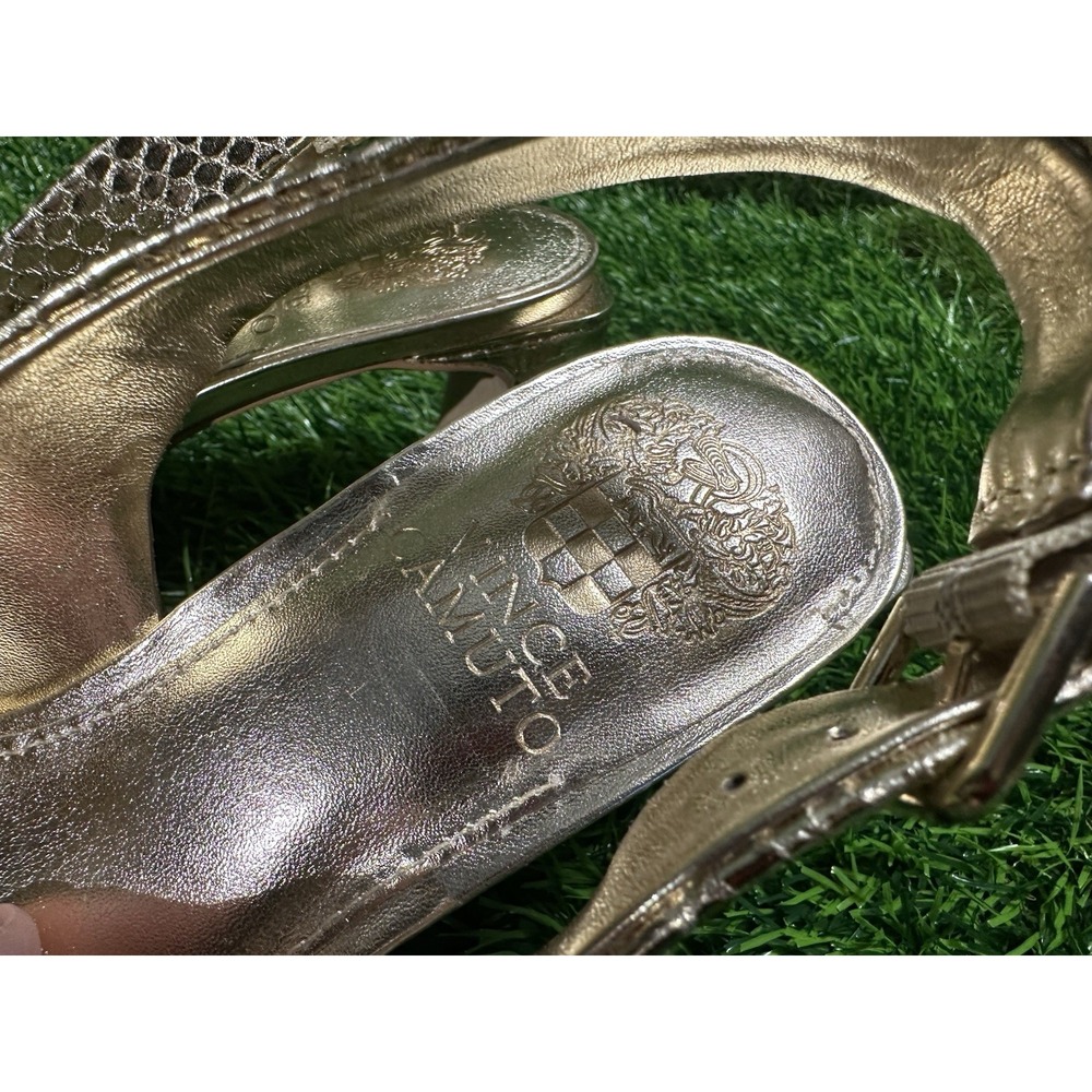 Vince Camuto Womens Gold Leather Snakeskin Slingback Pointed Toe Block Heel 7 - Picture 3 of 6